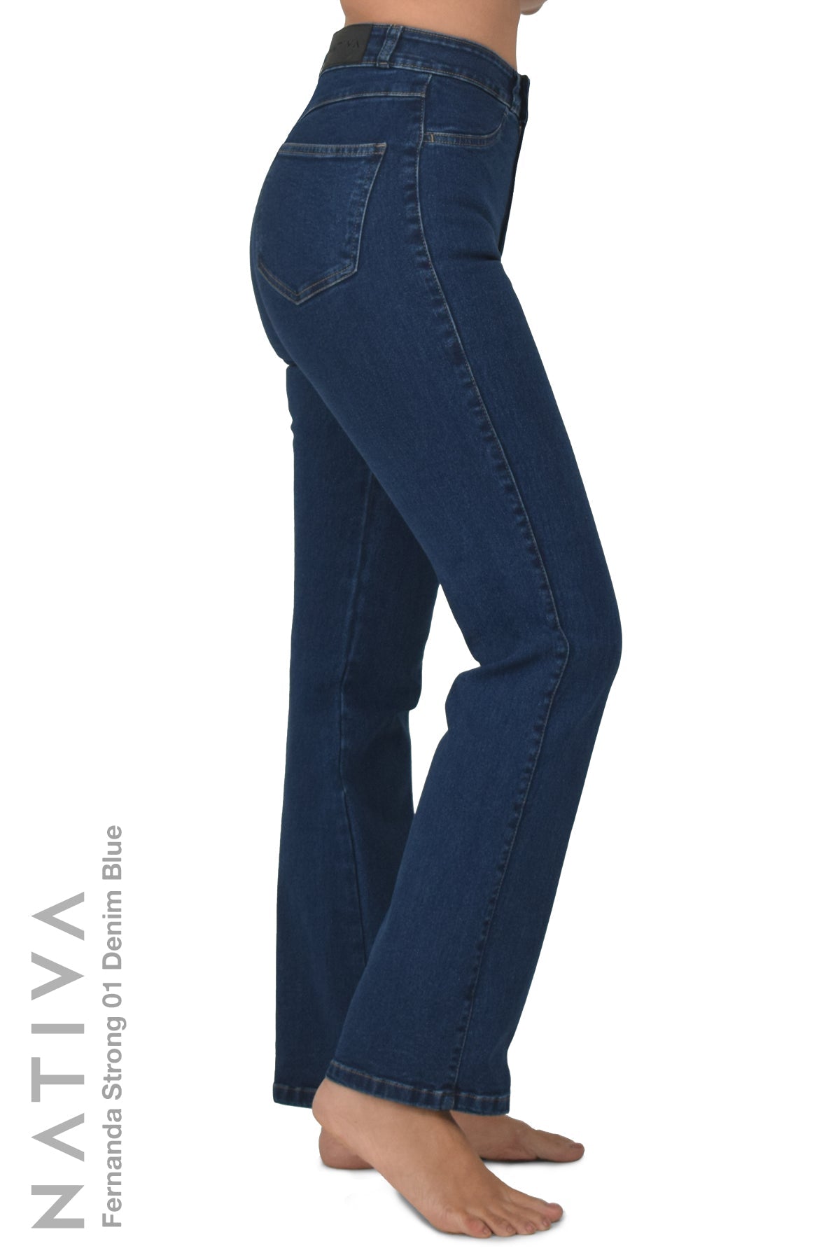 NATIVA, STRETCH JEANS. FERNANDA STRONG 01 DENIM BLUE, High-Rise Fitted  Classic Straight Leg Jeans ESFD (Extreme Stretch Flattering Denim) Fabric  Ideal