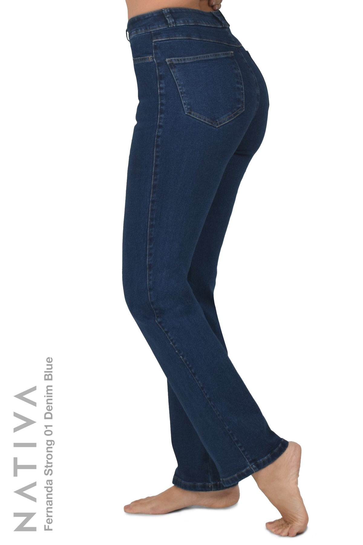 NATIVA, STRETCH JEANS. FERNANDA STRONG 01 DENIM BLUE, High-Rise Fitted  Classic Straight Leg Jeans ESFD (Extreme Stretch Flattering Denim) Fabric  Ideal