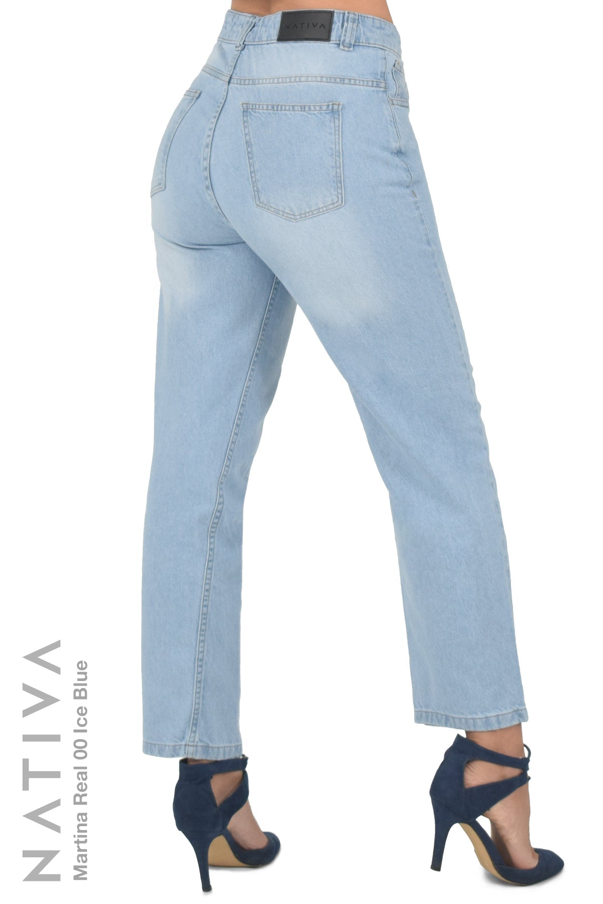 NATIVA, RIGID JEANS. MARTINA REAL 01 ICE BLUE, 100% True Denim Native Virgin Cotton, Ideal Comfort, Hi-Rise Relaxed Mom Jeans