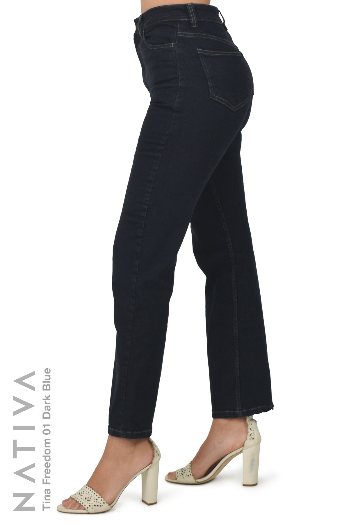 NATIVA,STRETCH JEANS, TINA FREEDOM 01 DARK BLUE. High-Rise  Classic Straight Leg Jeans ESFD  (Extreme Stretch Flattering Denim)  Fabric Ultra Comfortable Relaxed Fit  Solid Color