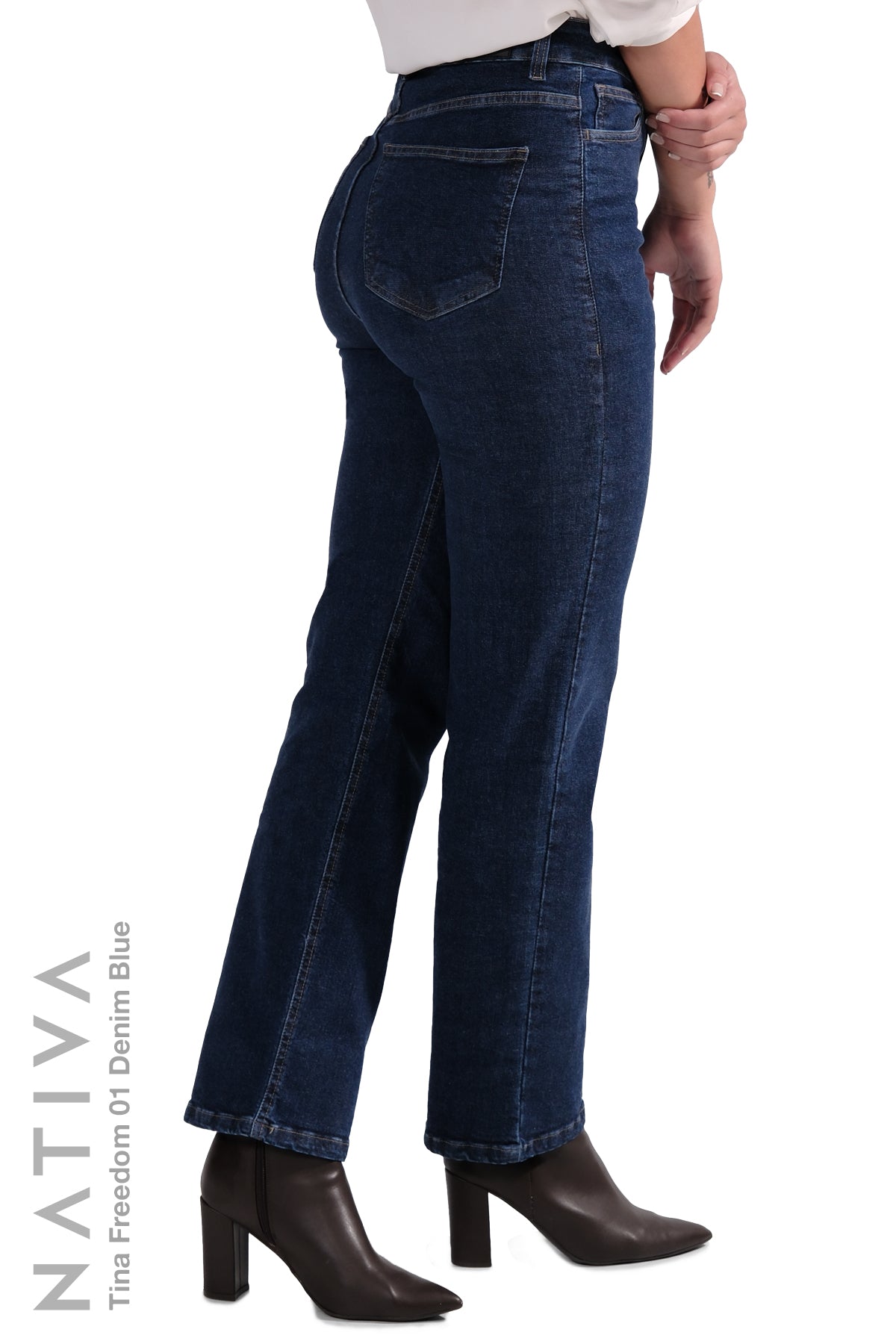NATIVA,STRETCH JEANS, TINA FREEDOM 01 DENIM BLUE. High-Rise  Classic Straight Leg Jeans ESFD  (Extreme Stretch Flattering Denim)  Fabric Ultra Comfortable Relaxed Fit  Solid Color
